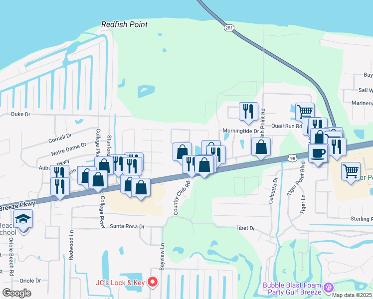 map of restaurants, bars, coffee shops, grocery stores, and more near 1606 Green Briar Parkway in Gulf Breeze