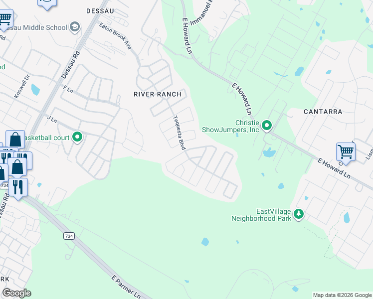 map of restaurants, bars, coffee shops, grocery stores, and more near Tequesta Boulevard in Austin