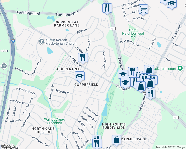 map of restaurants, bars, coffee shops, grocery stores, and more near 12293 Mulligan Glen Court in Austin