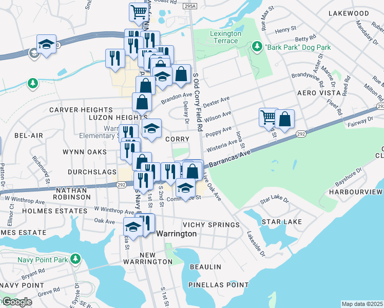 map of restaurants, bars, coffee shops, grocery stores, and more near 15 Park Drive in Pensacola