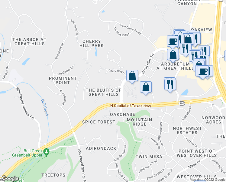 map of restaurants, bars, coffee shops, grocery stores, and more near 5111 McKittrick Canyon Drive in Austin