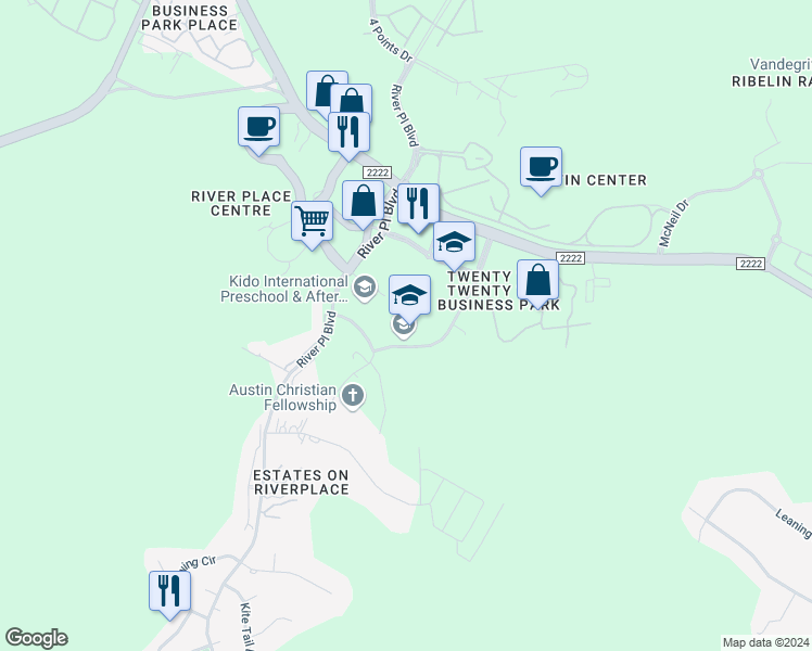 map of restaurants, bars, coffee shops, grocery stores, and more near 6500 Sitio Del Rio Boulevard in Austin