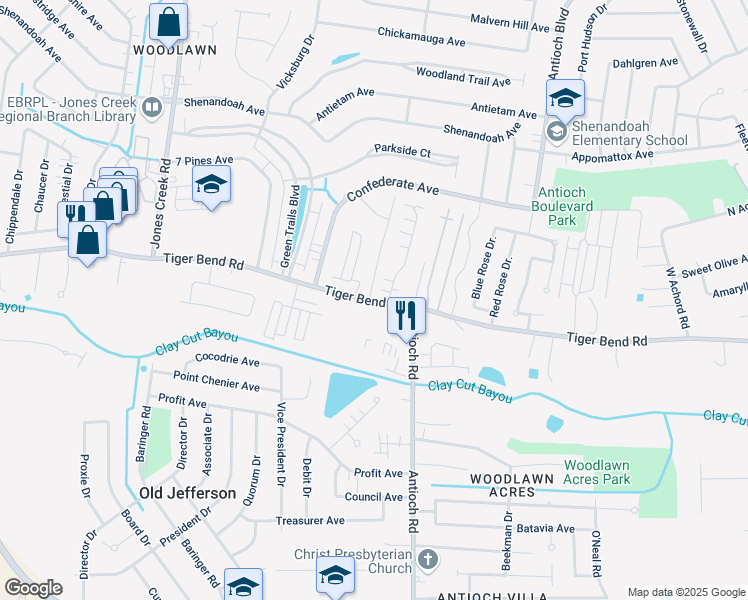 map of restaurants, bars, coffee shops, grocery stores, and more near 15911 Tiger Bend Road in Baton Rouge
