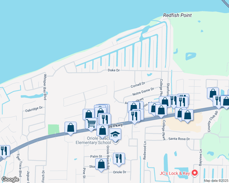map of restaurants, bars, coffee shops, grocery stores, and more near 3180 Cornell Drive in Gulf Breeze