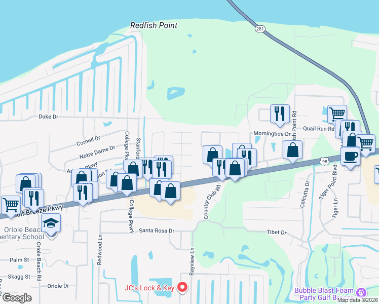 map of restaurants, bars, coffee shops, grocery stores, and more near 3360 Espanola Street in Gulf Breeze