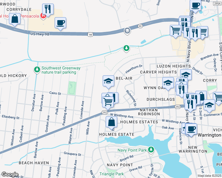 map of restaurants, bars, coffee shops, grocery stores, and more near 1240 Patton Drive in Pensacola
