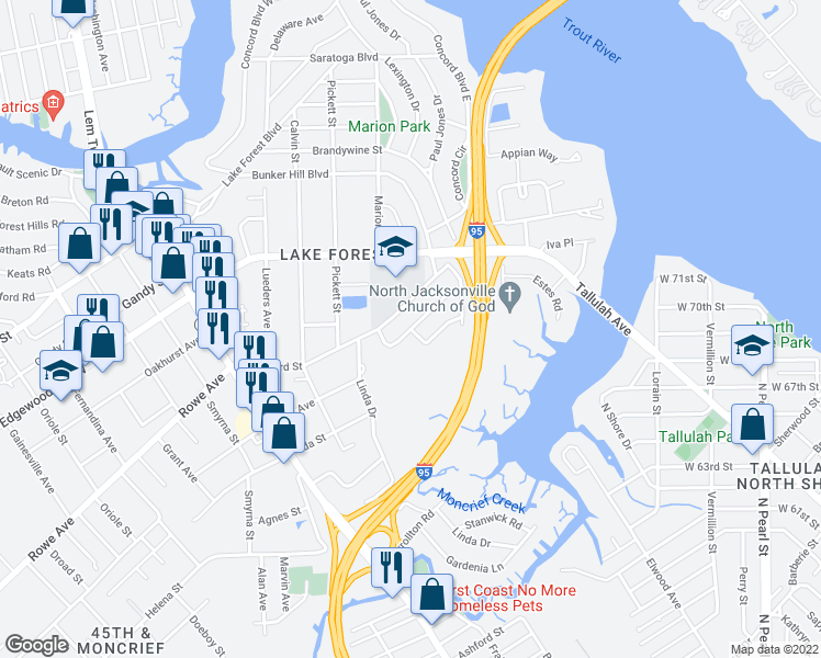 map of restaurants, bars, coffee shops, grocery stores, and more near Cornwallis Dr in Jacksonville