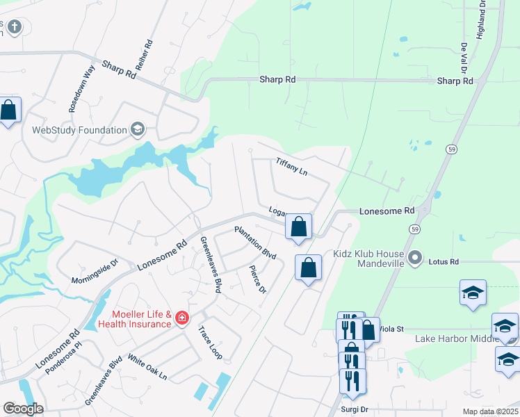 map of restaurants, bars, coffee shops, grocery stores, and more near 1776 Logan Ln in Mandeville
