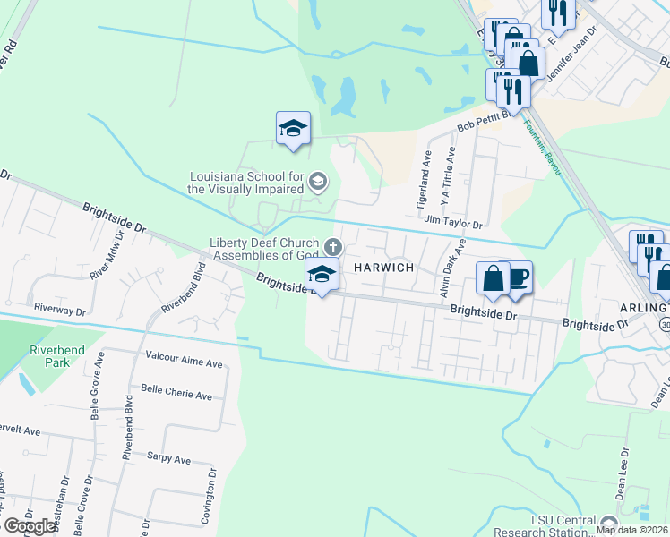map of restaurants, bars, coffee shops, grocery stores, and more near 1502 Harwich Drive in Baton Rouge