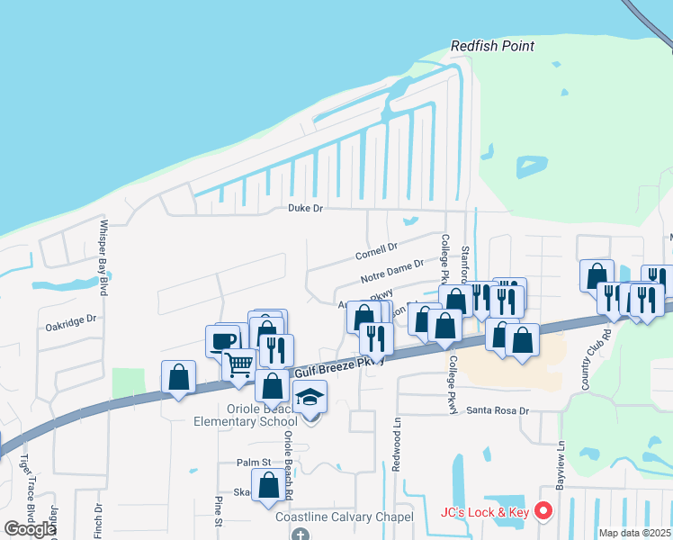 map of restaurants, bars, coffee shops, grocery stores, and more near 3155 Cornell Drive in Gulf Breeze