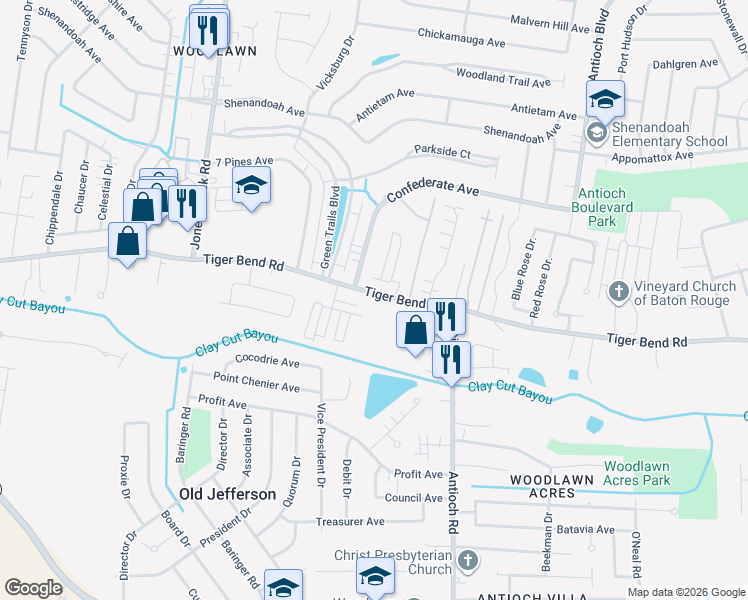 map of restaurants, bars, coffee shops, grocery stores, and more near 15636 Tiger Bend Road in Baton Rouge