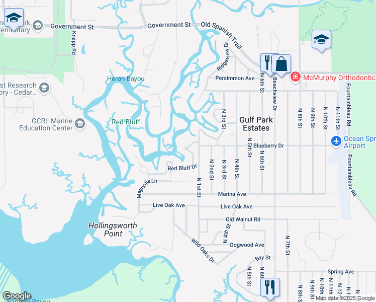 map of restaurants, bars, coffee shops, grocery stores, and more near 3317 Pine Circle Central in Ocean Springs
