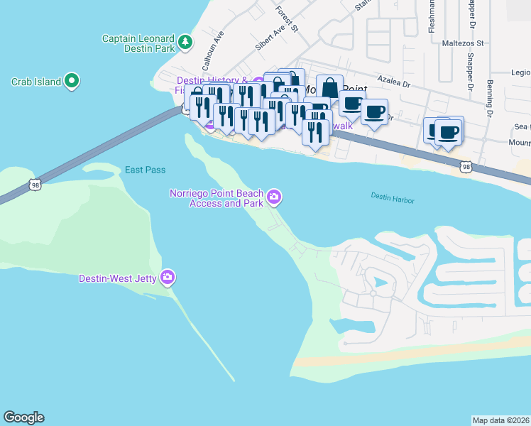 map of restaurants, bars, coffee shops, grocery stores, and more near 100 Gulf Shore Drive in Destin
