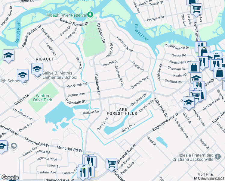 map of restaurants, bars, coffee shops, grocery stores, and more near 2502 Aubrey Avenue in Jacksonville