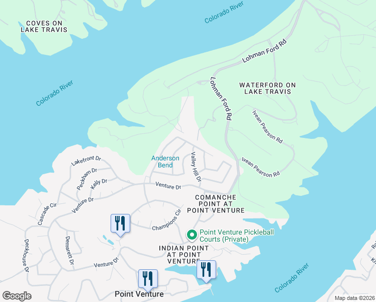 map of restaurants, bars, coffee shops, grocery stores, and more near 18502 Staghorn Drive in Lago Vista