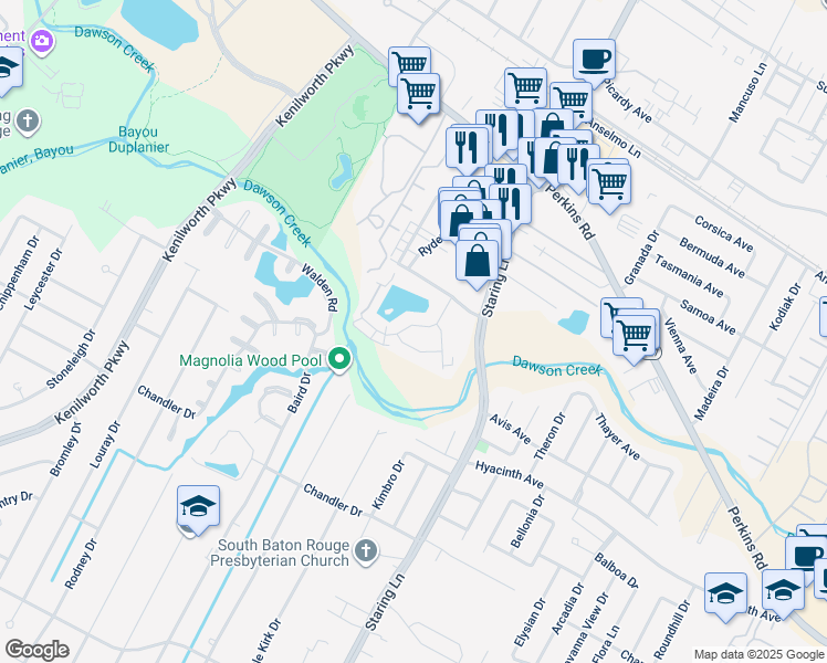 map of restaurants, bars, coffee shops, grocery stores, and more near 1536 Lake Calais Court in Baton Rouge