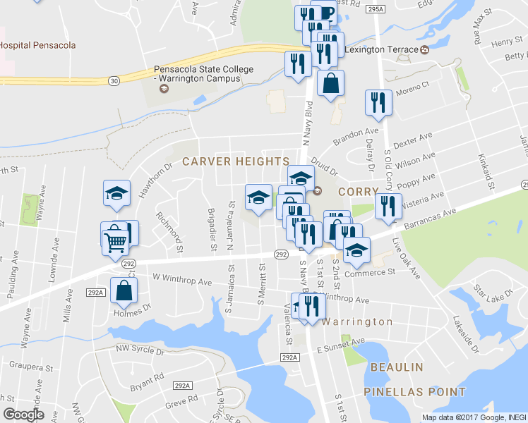 map of restaurants, bars, coffee shops, grocery stores, and more near 25 Raymond Street in Pensacola