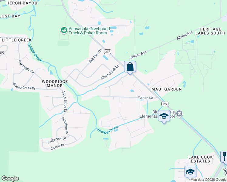 map of restaurants, bars, coffee shops, grocery stores, and more near 1428 Heatherwood Street in Pensacola