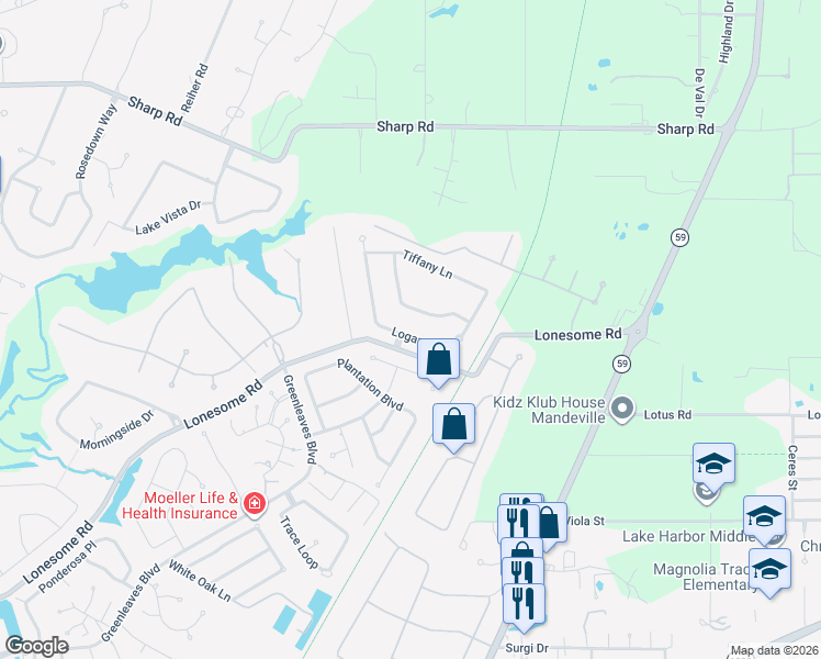 map of restaurants, bars, coffee shops, grocery stores, and more near 1811 Logan Lane in Mandeville