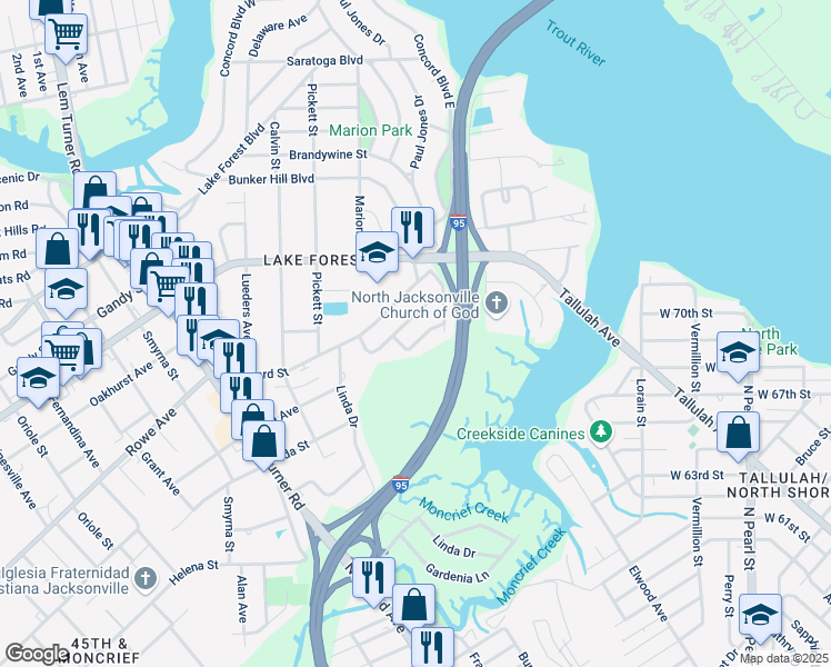 map of restaurants, bars, coffee shops, grocery stores, and more near 806 Gates Street in Jacksonville