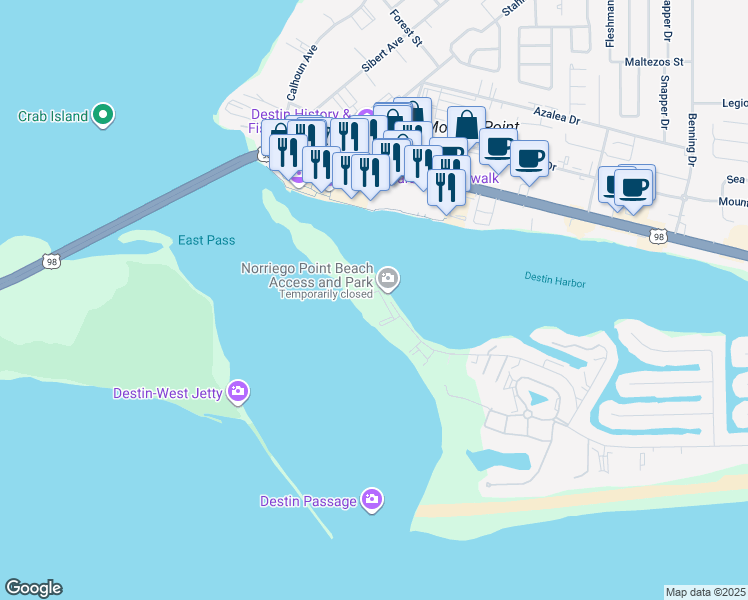 map of restaurants, bars, coffee shops, grocery stores, and more near 100 Gulf Shore Drive in Destin