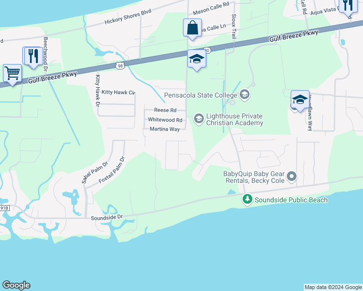 map of restaurants, bars, coffee shops, grocery stores, and more near 1307 Connemara Circle in Gulf Breeze