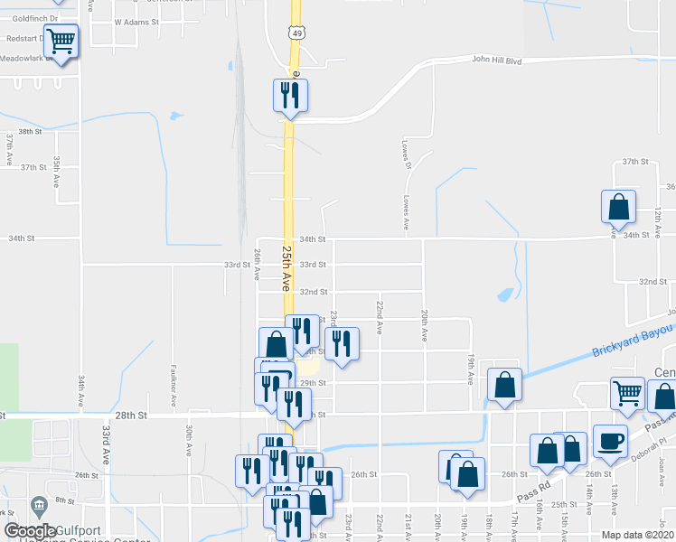 map of restaurants, bars, coffee shops, grocery stores, and more near 2247 33rd Street in Gulfport