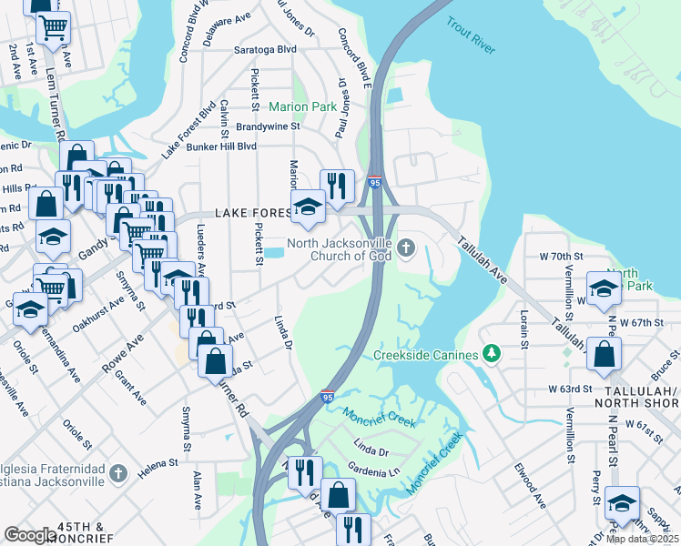 map of restaurants, bars, coffee shops, grocery stores, and more near 806 Gates Street in Jacksonville