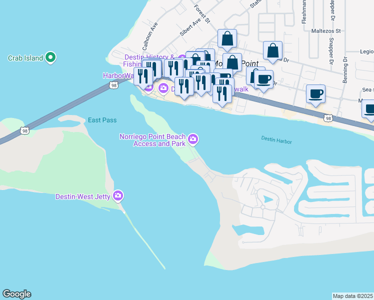 map of restaurants, bars, coffee shops, grocery stores, and more near 100 Gulf Shore Drive in Destin