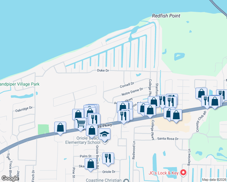map of restaurants, bars, coffee shops, grocery stores, and more near 3151 Cornell Drive in Gulf Breeze