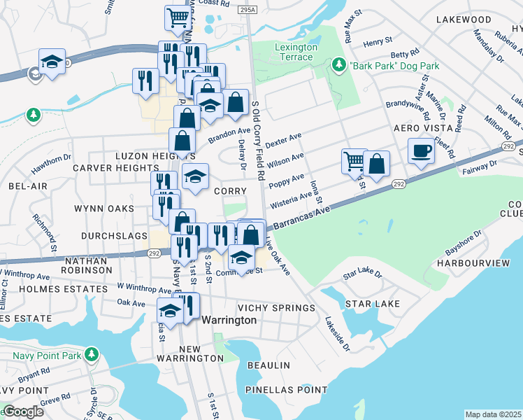 map of restaurants, bars, coffee shops, grocery stores, and more near 1233 South Old Corry Field Road in Pensacola