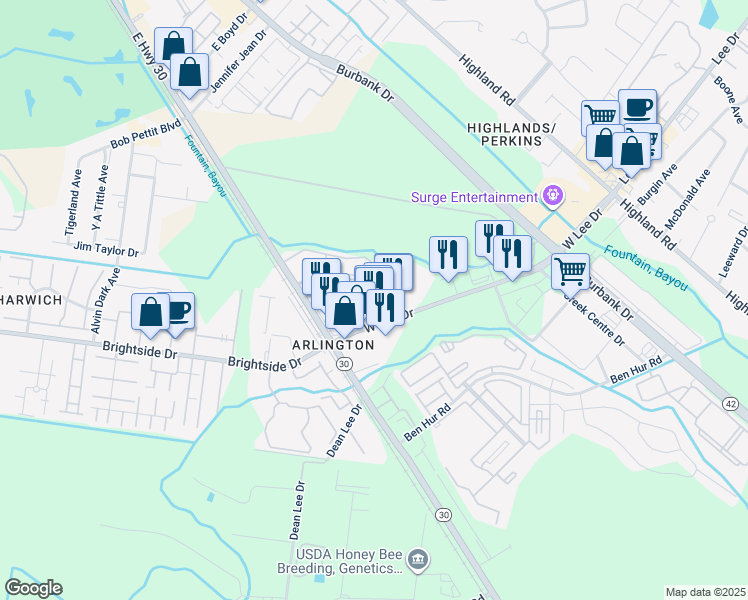 map of restaurants, bars, coffee shops, grocery stores, and more near 55 Etta Street in Baton Rouge