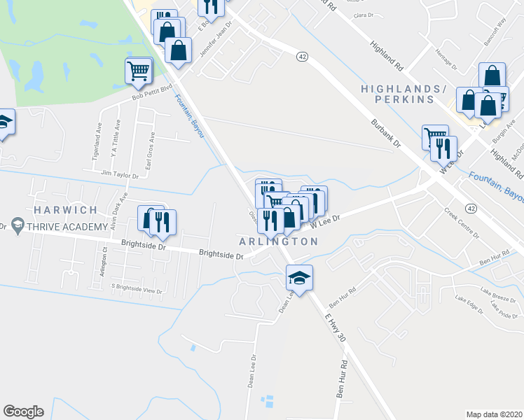 map of restaurants, bars, coffee shops, grocery stores, and more near 5131 Nicholson Drive in Baton Rouge