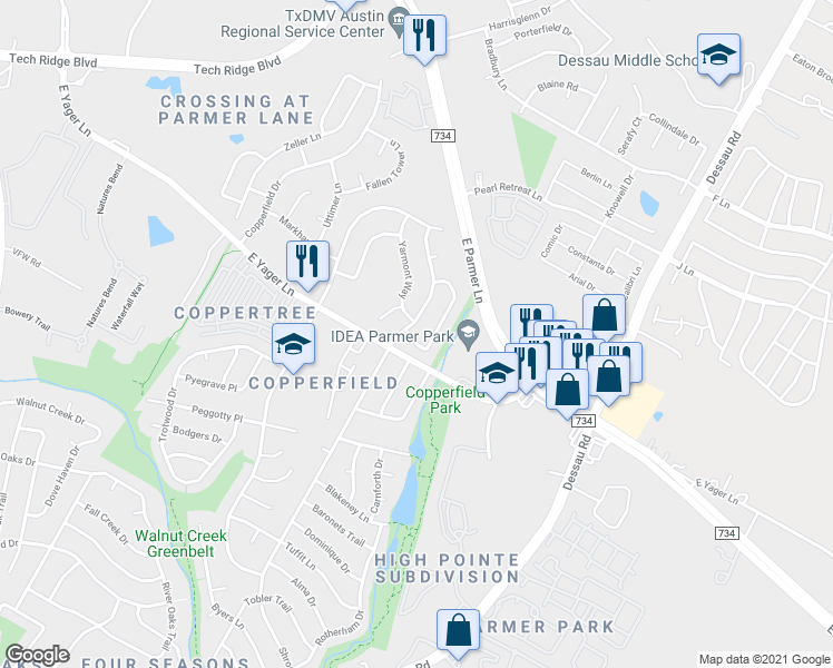 map of restaurants, bars, coffee shops, grocery stores, and more near 12234 Shropshire Boulevard in Austin