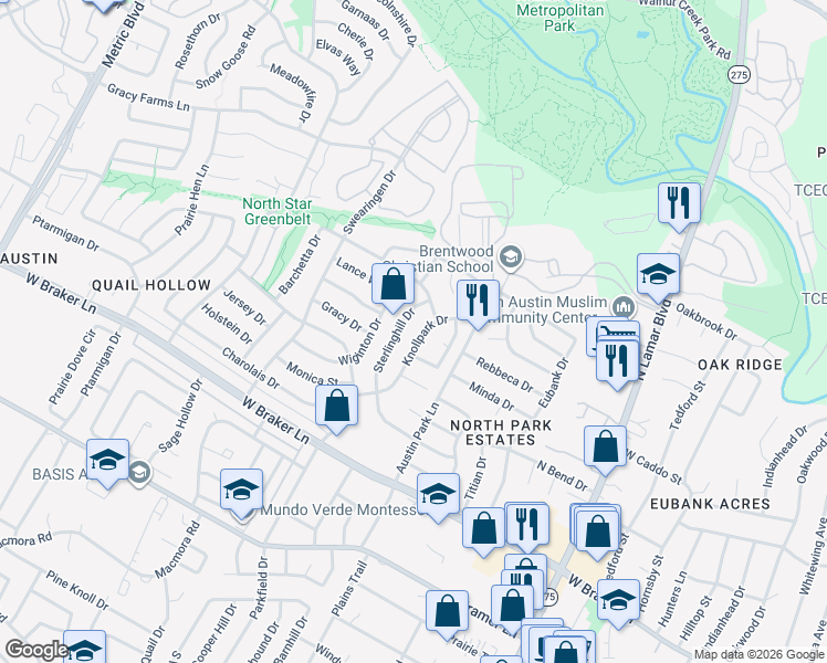 map of restaurants, bars, coffee shops, grocery stores, and more near 11708 Knollpark Drive in Austin