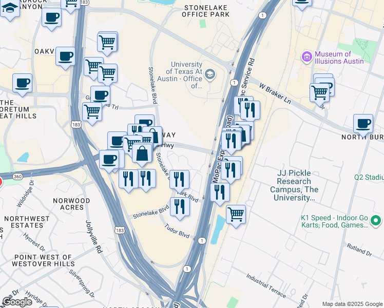 map of restaurants, bars, coffee shops, grocery stores, and more near 10001 North Capital of Texas Highway in Austin