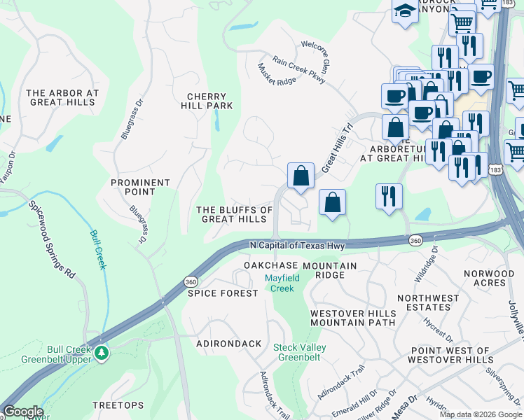 map of restaurants, bars, coffee shops, grocery stores, and more near 5111 McKittrick Canyon Drive in Austin