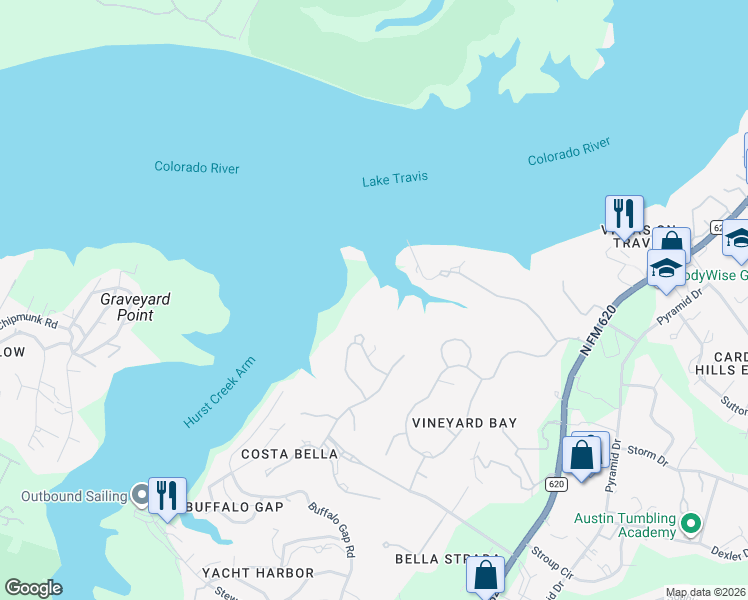 map of restaurants, bars, coffee shops, grocery stores, and more near 215 Bella Riva Drive in Austin