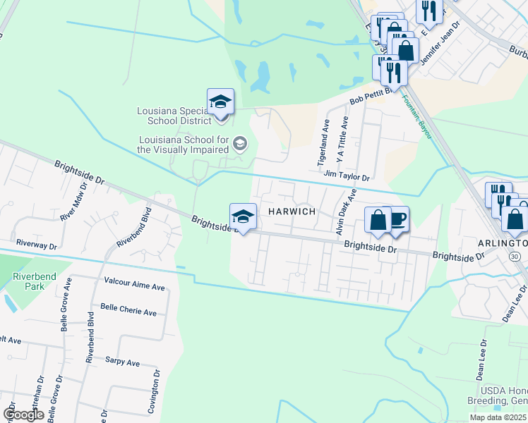 map of restaurants, bars, coffee shops, grocery stores, and more near 1473 Harwich Drive in Baton Rouge