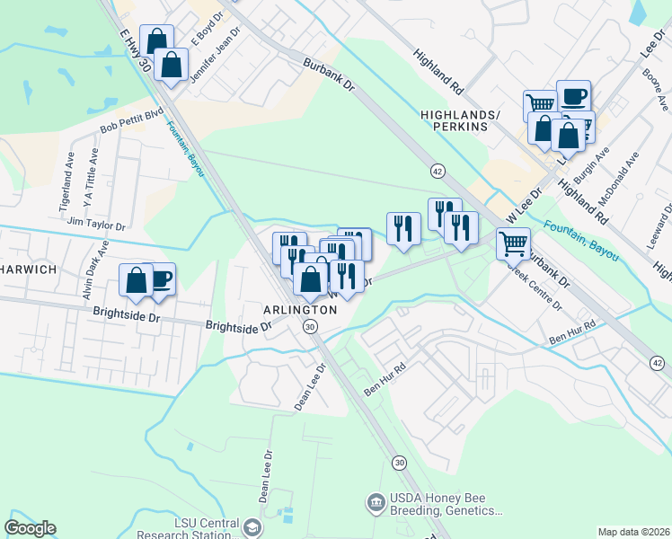 map of restaurants, bars, coffee shops, grocery stores, and more near 55 Etta Street in Baton Rouge