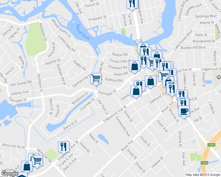 map of restaurants, bars, coffee shops, grocery stores, and more near 1742 Merivale Road South in Jacksonville