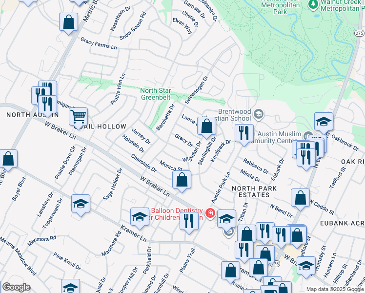 map of restaurants, bars, coffee shops, grocery stores, and more near 11607 Parkfield Drive in Austin