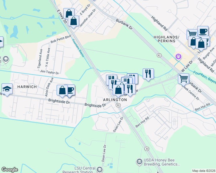 map of restaurants, bars, coffee shops, grocery stores, and more near 5103 Nicholson Drive in Baton Rouge