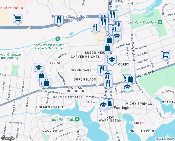 map of restaurants, bars, coffee shops, grocery stores, and more near 129 North Merritt Street in Pensacola