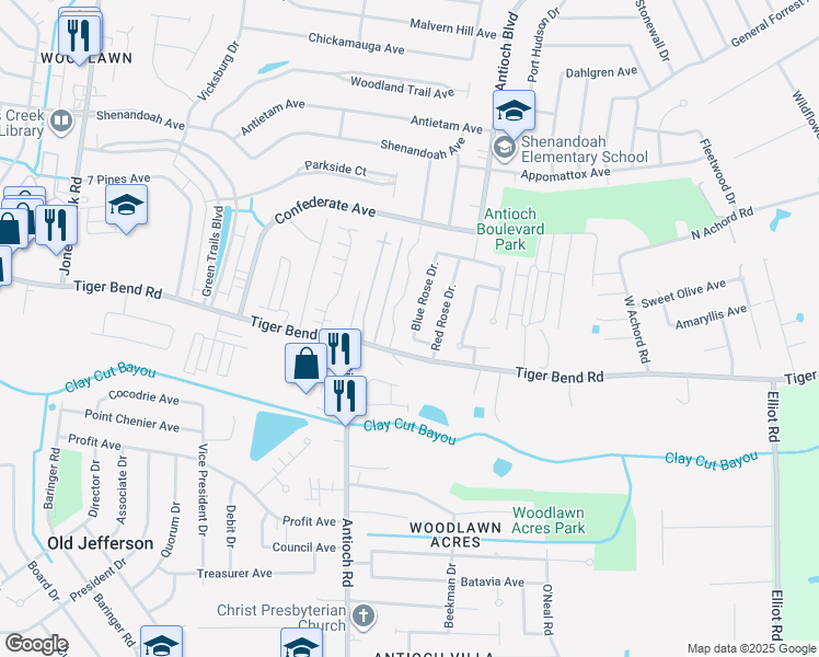 map of restaurants, bars, coffee shops, grocery stores, and more near 6632 Blue Rose Drive in Baton Rouge
