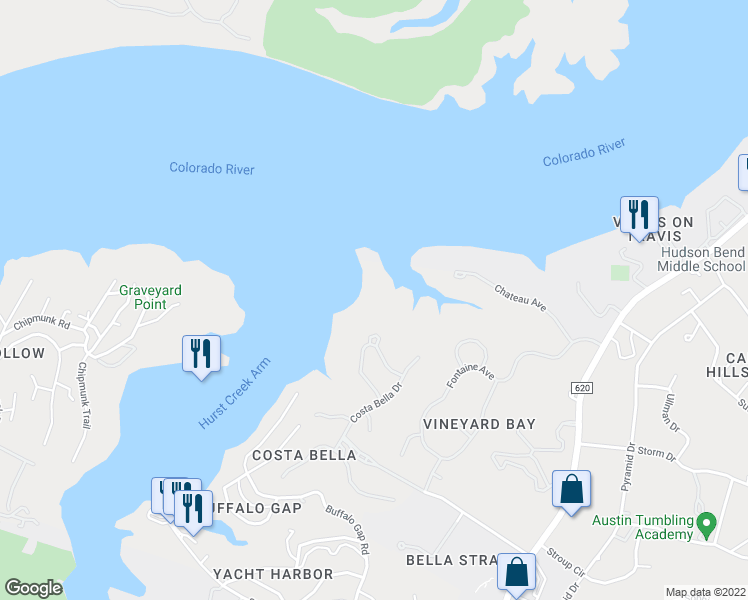 map of restaurants, bars, coffee shops, grocery stores, and more near 215 Bella Riva Drive in Austin