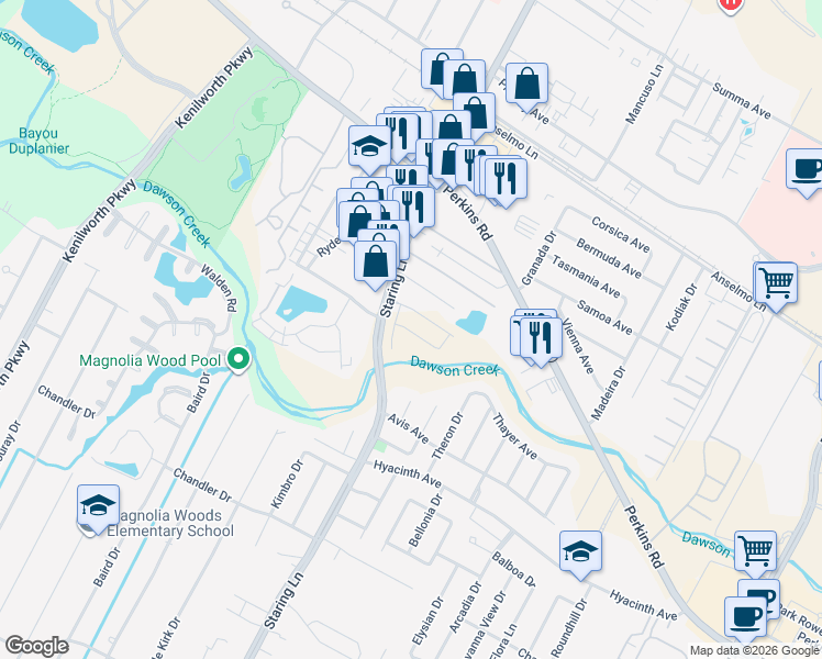 map of restaurants, bars, coffee shops, grocery stores, and more near 7720 Kings Hill Avenue in Baton Rouge