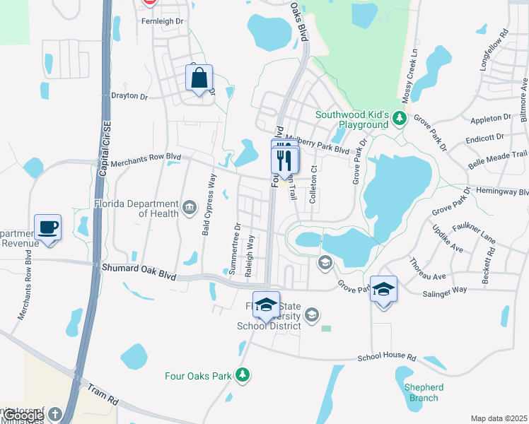 map of restaurants, bars, coffee shops, grocery stores, and more near 4118 Four Oaks Boulevard in Tallahassee