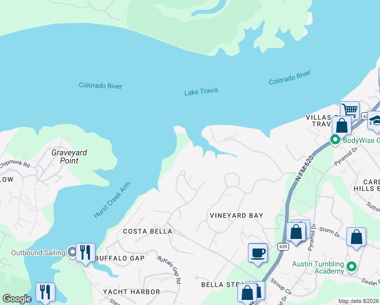 map of restaurants, bars, coffee shops, grocery stores, and more near 215 Bella Riva Drive in Austin