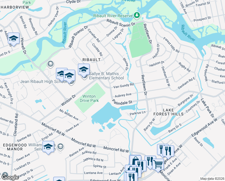 map of restaurants, bars, coffee shops, grocery stores, and more near 2950 Van Gundy Road in Jacksonville